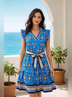 Jade by Melody Tam Blue Geometric Belted Dress Ruffle Sleeve Resort Mini XL